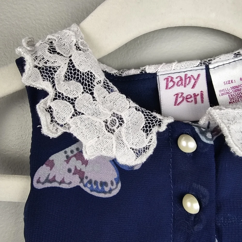 BABY‎ BERI Pleated Whimsical Dress Lace Collar Butterfly Navy Baby Girls 6-9 M